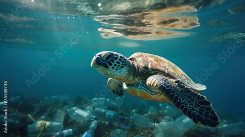 A turtle swimming amidst the garbage  floating under in the ocean , pollution in the marine, effects on marine life, environment day concept. © sawitreelyaon