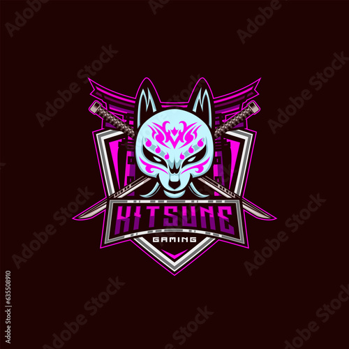 Kitsune esport mascot logo design. Kitsune Samurai Head Japanesee Wolf Logo vector illustration. white fox mascot illustration