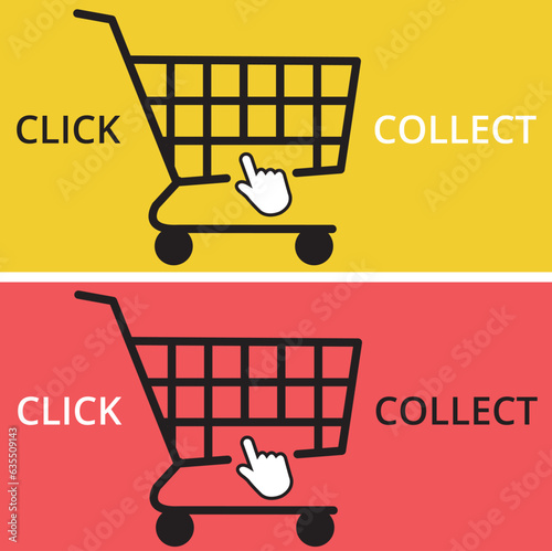 Carrito de compra. Vista de frente y de cerca. Concepto: Click & Collect. Icono vector
