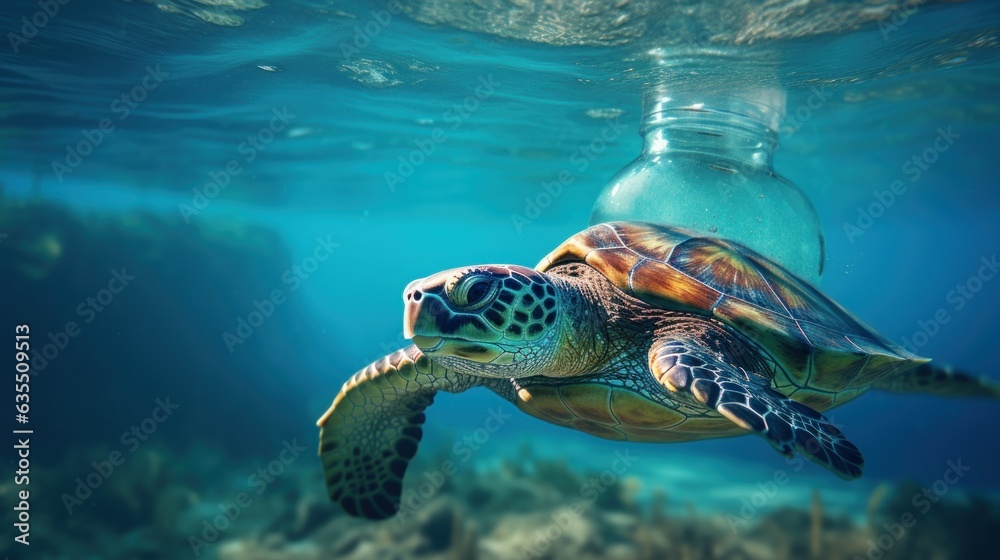 Obraz premium A turtle swimming amidst the garbage floating under in the ocean , pollution in the marine, effects on marine life, environment day concept.