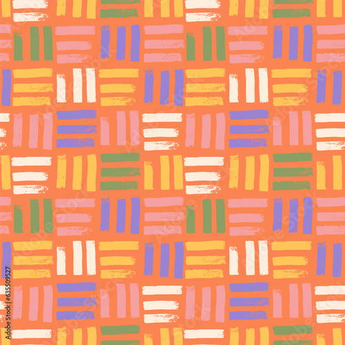 Abstract shabby groovy geometric background. Hand drawn seamless pattern with bold shirt lines. Groovy retro colr intricate vector illustration with grunge brush strokes.