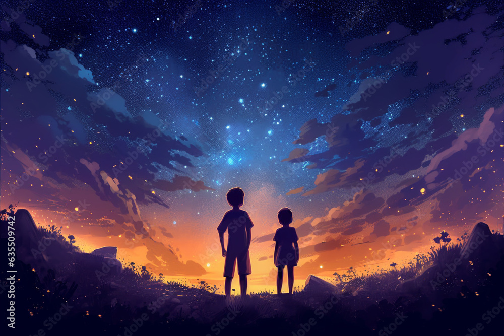 Boy and girl looking at night starry sky with glitter glow flicker above, sky with clouds, concept of dreams, discoveries and romance, generated ai - obrazy, fototapety, plakaty 