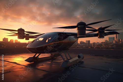 Aerial taxi of the future, autonomous driverless aerial vehicle flying, fast passenger autonomous aerial vehicle in the city, public air mobility, generated ai