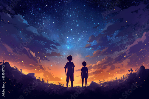 Boy and girl looking at night starry sky with glitter glow flicker above, sky with clouds, concept of dreams, discoveries and romance, generated ai