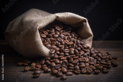 Fresh coffee beans pouring out of a white fabric bag, generated ai