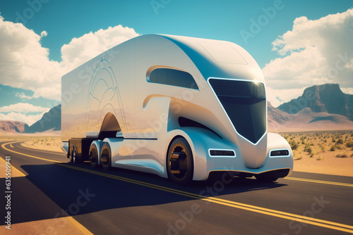 Future of transport logistics, transportation autonomy concept, futuristic truck fleet on highway, mountains and clouds on the horizon, generated ai
