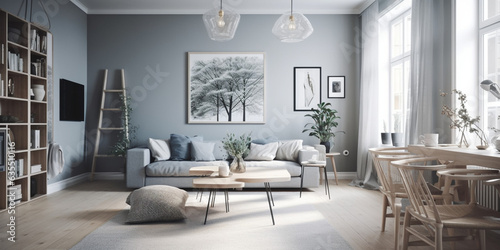 Interior of modern living room with accent coffee table, modern sofa, room in blue color, bright style, picture on the wall, generated ai