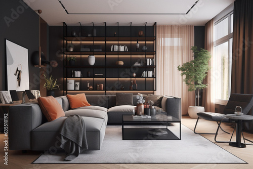 Interior of modern living room with accent coffee table, modern sofa and armchairs, room in gray color, gray furniture, picture on the wall, shelf with backlight, generated ai