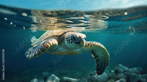 A turtle swimming amidst the garbage  floating under in the ocean , pollution in the marine, effects on marine life, environment day concept.