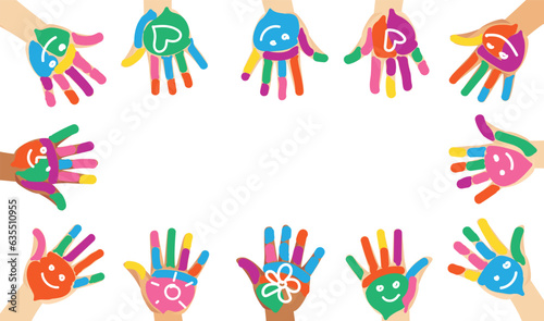 Multiethnic diverse painted colorful hands of children with smile and heart shape isolated vector illustration on white background