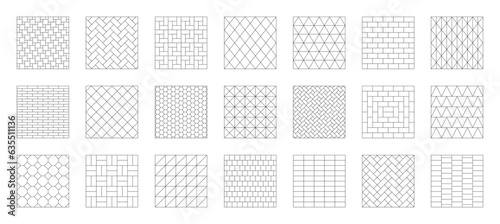 Tiles and paving stones patterns set. Ceramic tile grids for bathroom, kitchen or toilet interior and tile wall. Outline templates of paving stone. Vector illustration. photo
