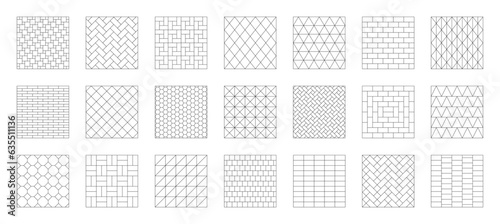 Tiles and paving stones patterns set. Ceramic tile grids for bathroom, kitchen or toilet interior and tile wall. Outline templates of paving stone. Vector illustration.
