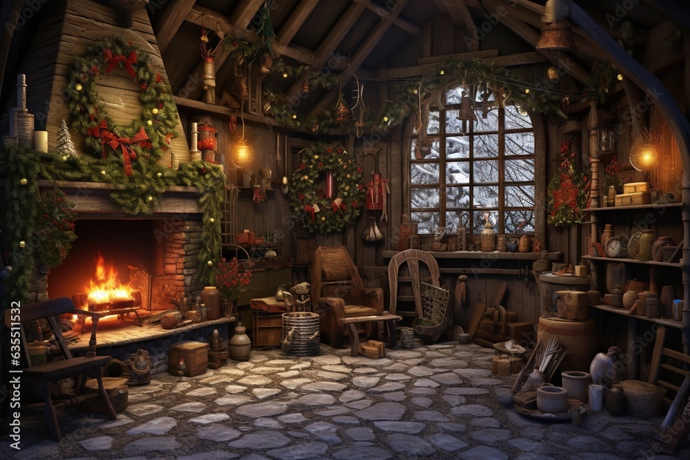 Generative AI, Christmas interior rural background, Santa Claus rustic workshop