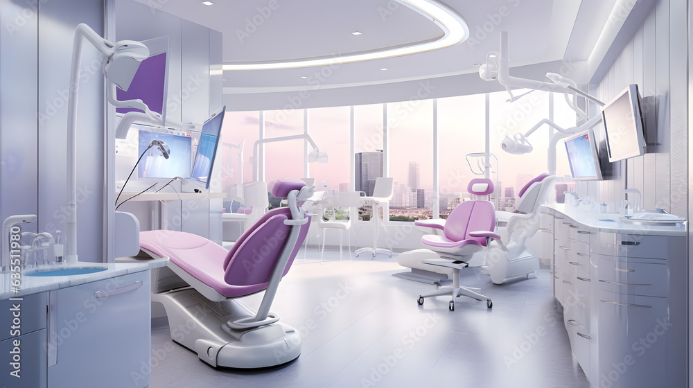 Pink and White Orthodontist Care Space with Skyline View - Generative AI Pink and White Orthodontist Care Space with Skyline View - Generative AI