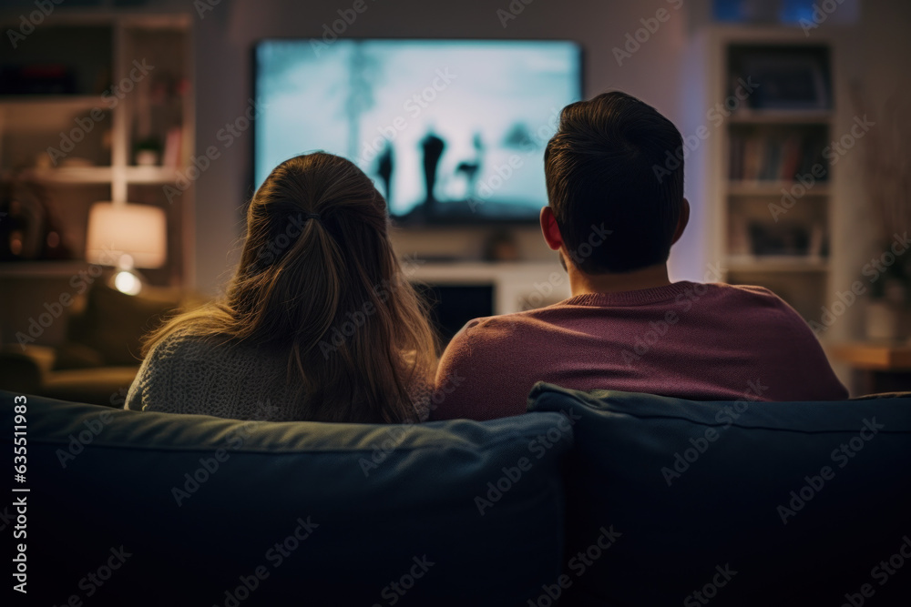 couple vue de dos en train de regarder une programme à la télévision dans leur salon sur grand écran - obrazy, fototapety, plakaty 
