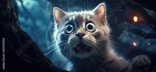 TERRIFIED CAT! Scared, Wide Open mouth, eyes, Petrified, Frightened, Horrified, Intimidated. A petrified kitten with open mouth has discover something ghostly. Halloween wallpaper. photo