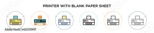 Printer with blank paper sheet icon in filled, thin line, outline and stroke style. Vector illustration of two colored and black printer with blank paper sheet vector icons designs can be used for
