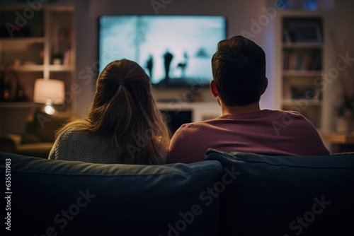 couple vue de dos en train de regarder une programme à la télévision dans leur salon sur grand écran photo