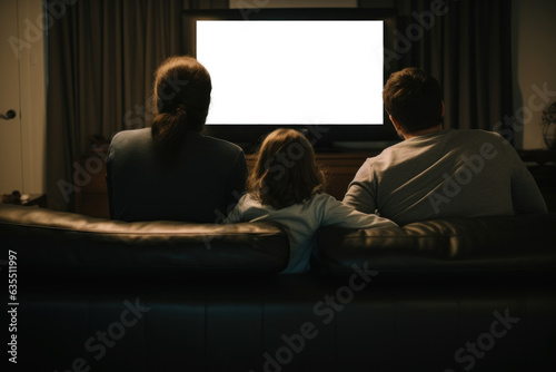 famille vue de dos en train de regarder une programme à la télévision dans leur salon sur grand écran