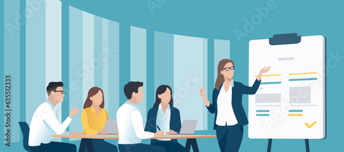 School, education, learning. Vector illustration. Pupils listens to the teacher. 