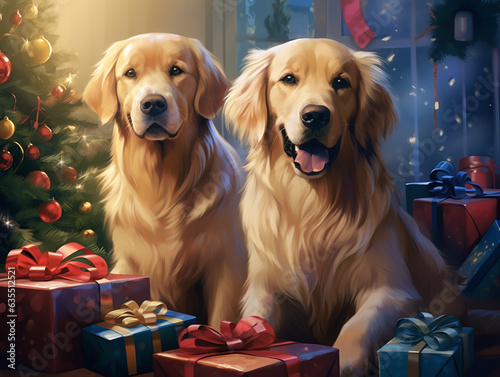 Golden retrievers near the Christmas tree, with New Year's gifts, generative ai