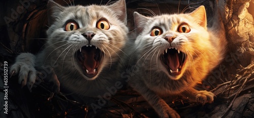 3D scary gray evil cats, Horror background, Halloween, Lair, Wallpaper. POSSESSED CATS! 2 cats leaping out of their bewitched lair. Clawed paws, yellow, red eyes, wide open mouths. You'd better run!