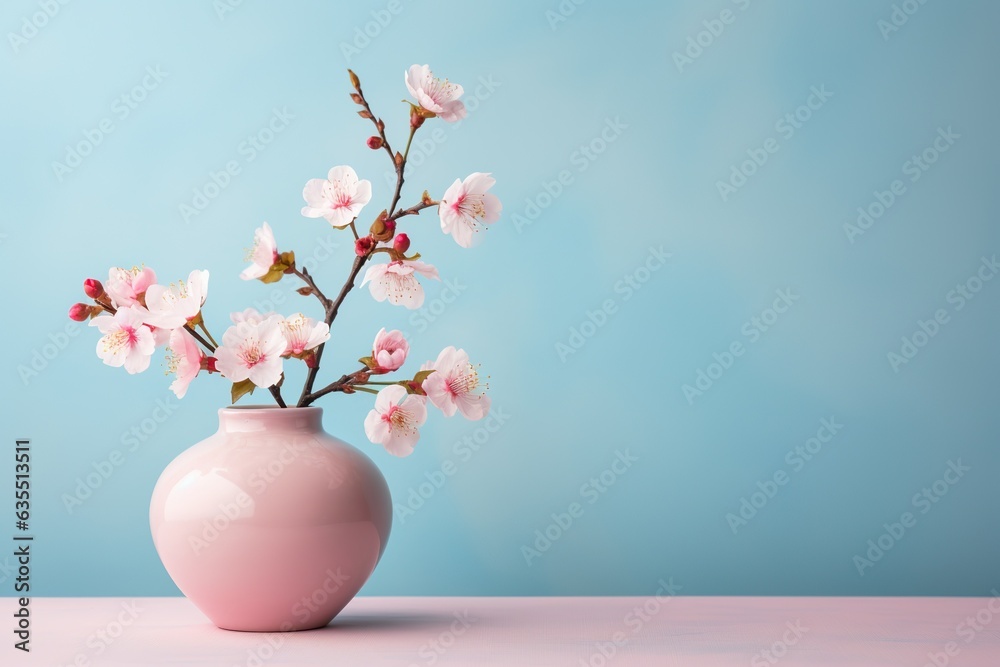 Cherry blossom flowers in a clay pot, minimalism, pastel background, reality, stock photography, high quality, professional photography with copy space