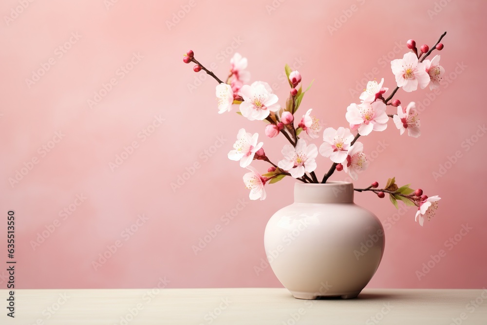 Cherry blossom flowers in a clay pot, minimalism, pastel background, reality, stock photography, high quality, professional photography with copy space