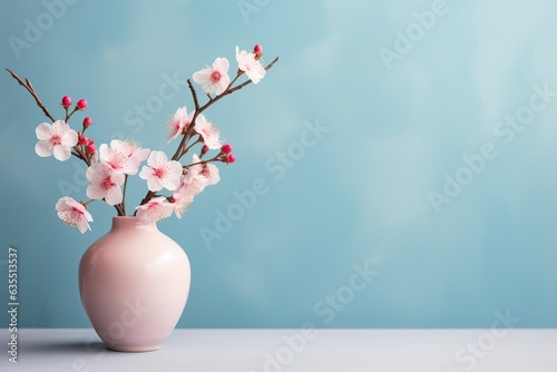 Cherry blossom flowers in a clay pot, minimalism, pastel background, reality, stock photography, high quality, professional photography with copy space