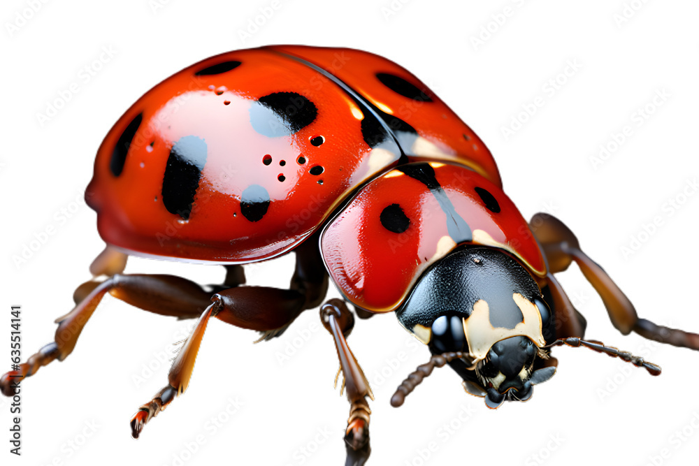 Fototapeta premium A ladybug crawling, showcasing its red and black spotted exoskeleton, against a transparent background, A ladybug isolated on white background