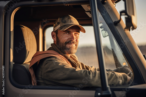 An engaging scene capturing a truck driver's confident gaze in the side mirror, the open road stretching out behind him  photo