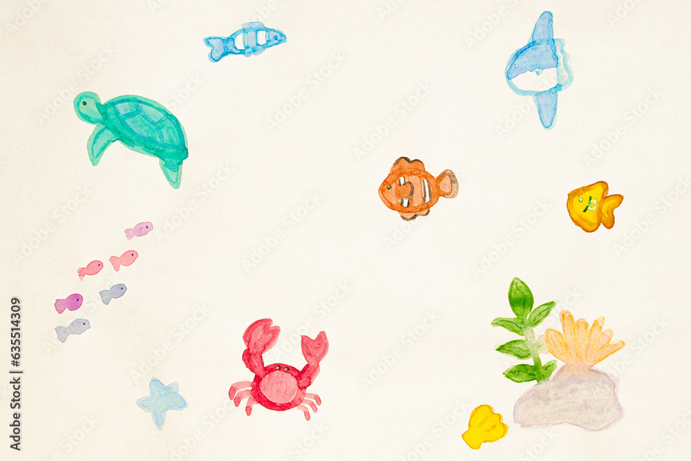 Sea creatures (watercolor paint, sunfish, sea turtle, clownfish, crab, fish, shellfish,Seaweed, starfish)