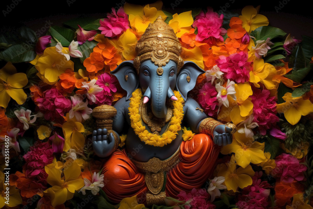 Dewali's harmony with Grey Ganesha's blessing surrounded by flower garlands