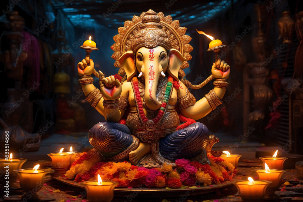 Ganesha's wisdom in the Dewali light surrounded by burning oil candles