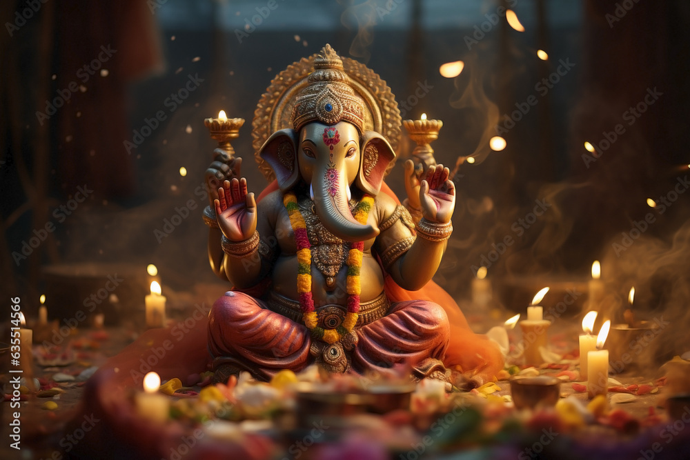 Harmonious festivity: Ganesha and Dewali in a selective shot with oil lamps.