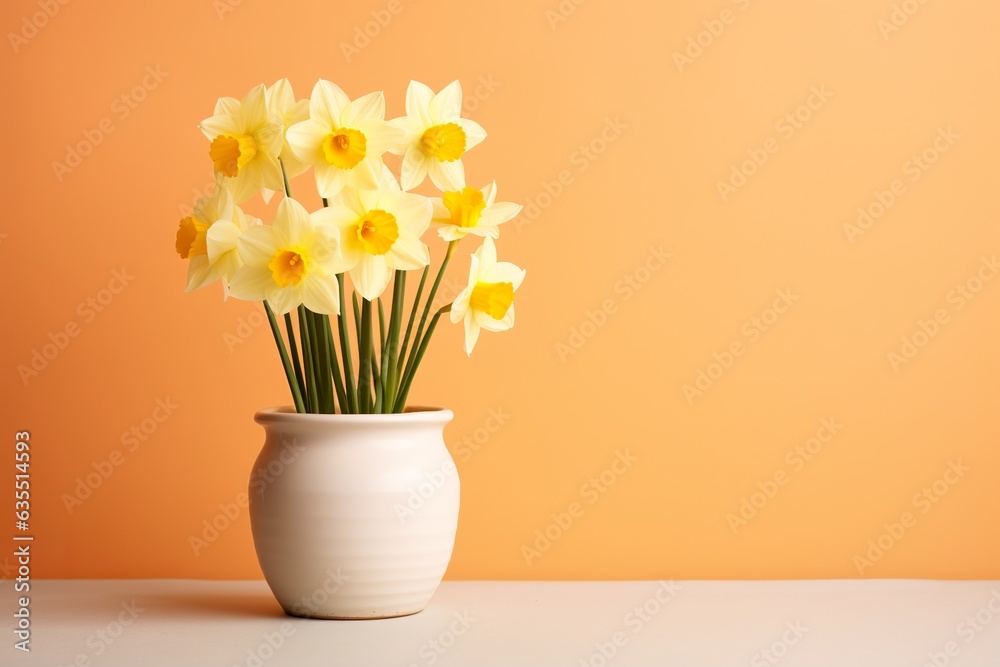 daffodil flowers in a clay pot, minimalism, pastel background, reality, stock photography
