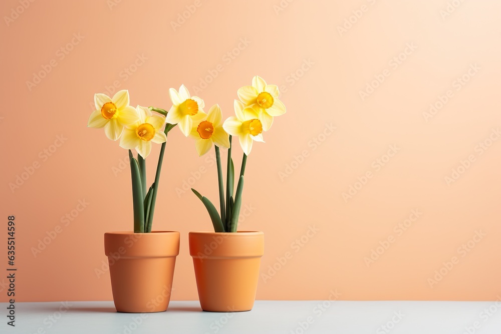 daffodil flowers in a clay pot, minimalism, pastel background, reality, stock photography