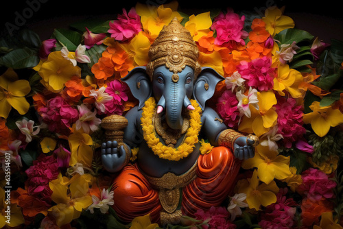 Dewali's harmony with Grey Ganesha's blessing surrounded by flower garlands © Cala Serrano