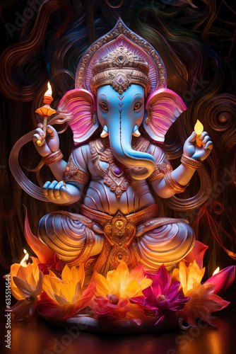 Harmonious festivity: Blue Ganesha and Dewali with oil candles in the shape of a lotus flower.