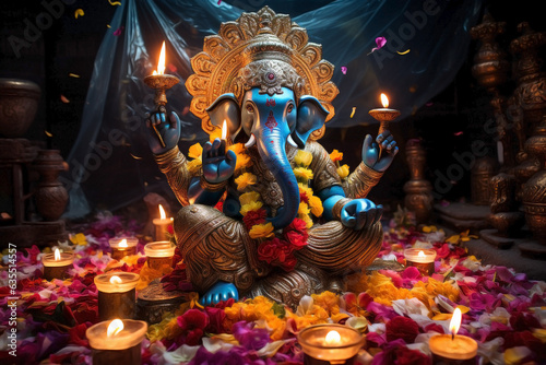 Embracing light: Ganesha during Dewali surrounded by flower garlands lit by candles with dark background.