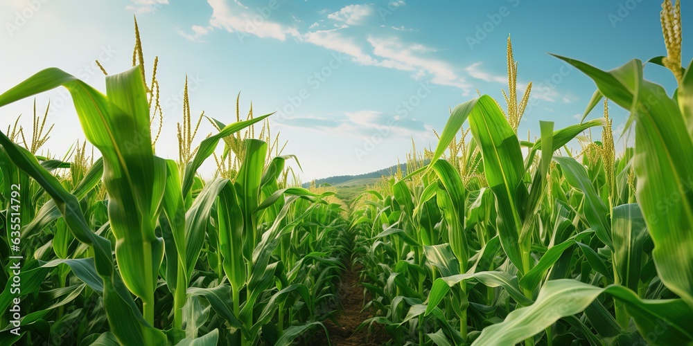 Corn cobs in corn plantation field. - obrazy, fototapety, plakaty 