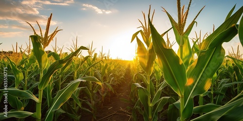 Leinwand Poster Corn cobs in corn plantation field.