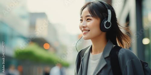 Business woman listening to music in wireless headphones on the street.