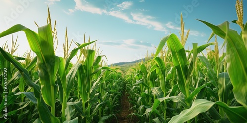 Corn cobs in corn plantation field. Fototapeta