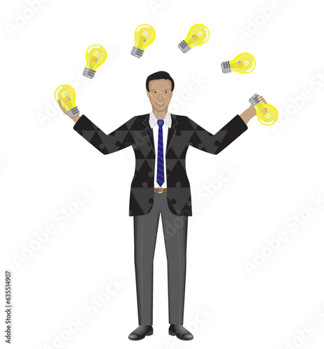 Man juggling with ideas. Isolated. Brainstorming, inventor, solutions and creativity. Vector illustration.