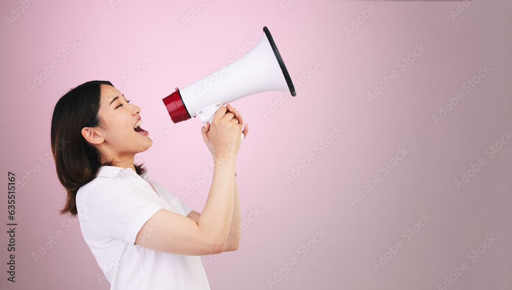 Megaphone announcement, scream or profile woman protest for democracy vote, justice or human rights rally. Speech, studio mockup space or loud speaker noise, communication or voice on pink background Megaphone announcement, scream or profile woman protest for democracy vote, justice or human rights rally. Speech, studio mockup space or loud speaker noise, communication or voice on pink background