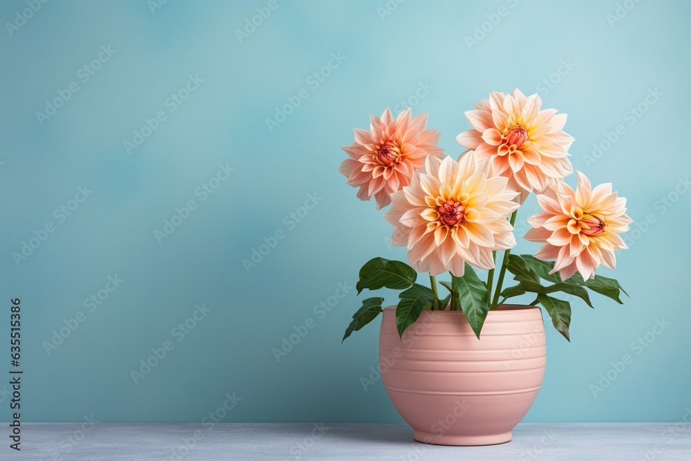 dahlia flowers in a clay pot, minimalism, pastel background, reality, stock photography dahlia flowers in a clay pot, minimalism, pastel background, reality, stock photography