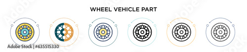 Wheel vehicle part icon in filled, thin line, outline and stroke style. Vector illustration of two colored and black wheel vehicle part vector icons designs can be used for mobile, ui, web