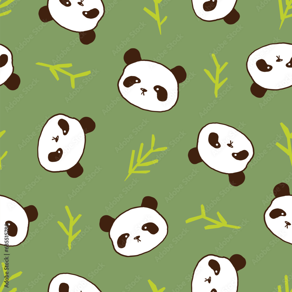 Seamless Pattern with Cartoon Panda Face and Leaf Design on Green Background