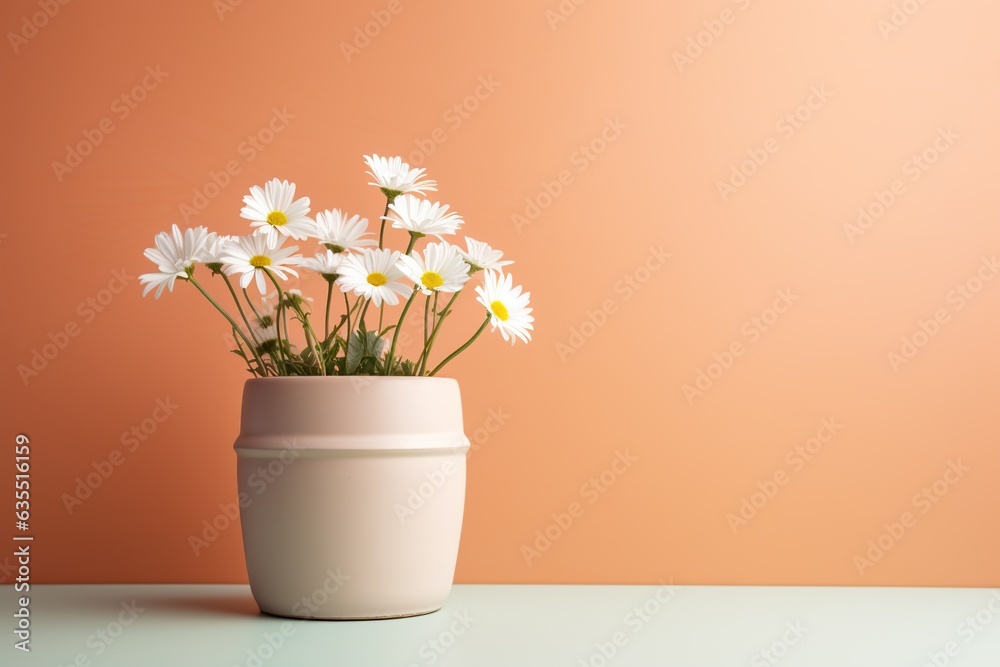 White Daisy flowers in a clay pot, minimalism, pastel background, reality, stock photography, high quality White Daisy flowers in a clay pot, minimalism, pastel background, reality, stock photography, high quality